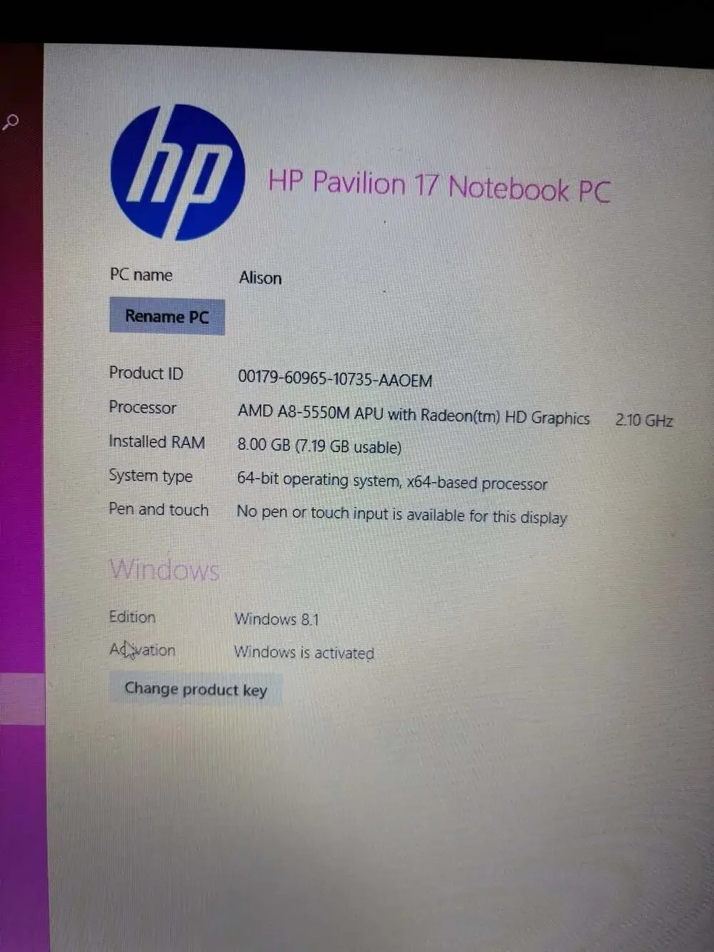 HP Pavilion 17 Notebook PC AMD A8-5500M 8GB RAM